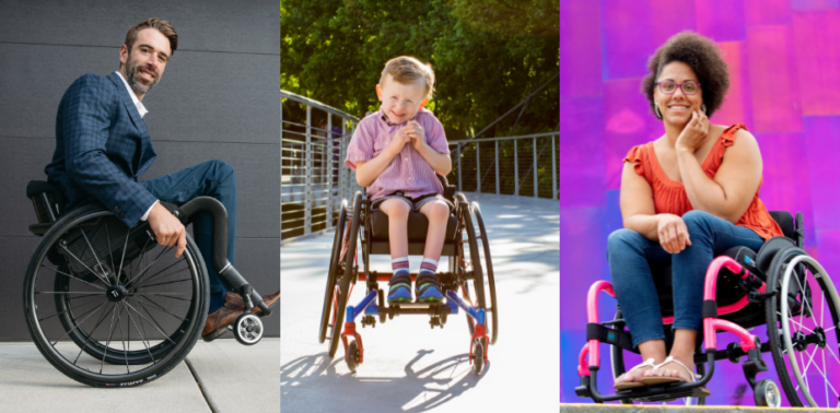 A collage of three people using manual wheelchairs: a man in a suit outdoors, a smiling boy on a ramp, and a woman with curly hair wearing glasses and a red top against a colorful background for NuDigest.