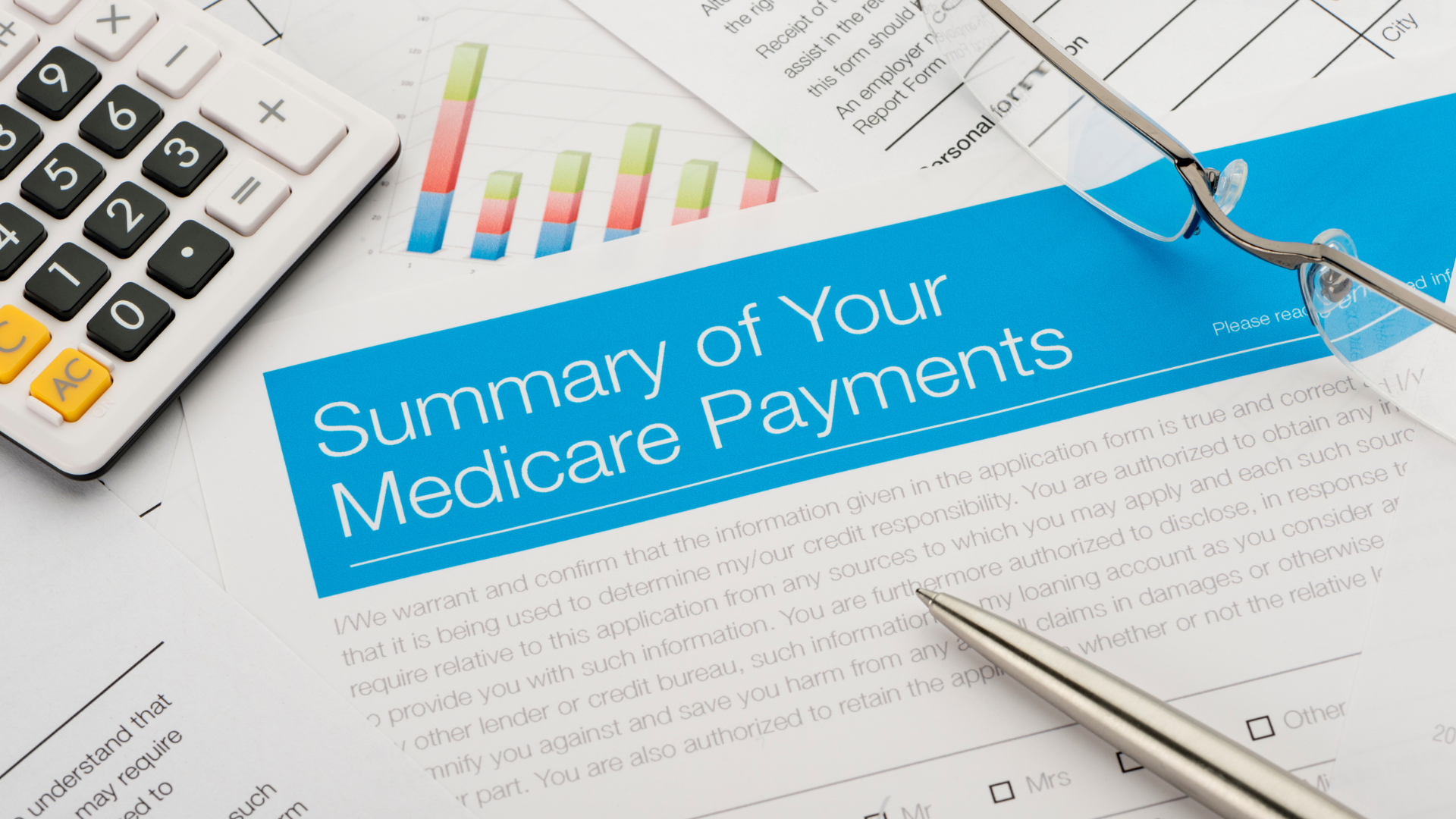 A document titled Summary of Your Medicare Payments lies on a desk with a pen, eyeglasses, a calculator, and charts, suggesting a financial review related to Medicare Power Mobility and required documentation for healthcare expenses.