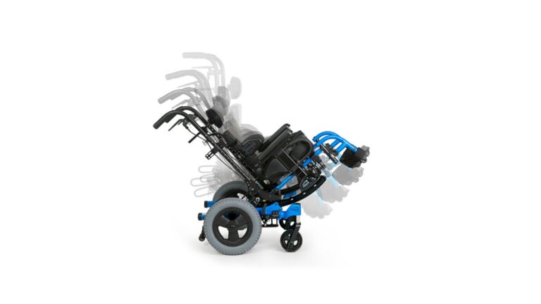 A blue and black wheelchair with Custom Molded Seating is displayed in multiple reclined positions, illustrating its adjustable tilting function against a white background.
