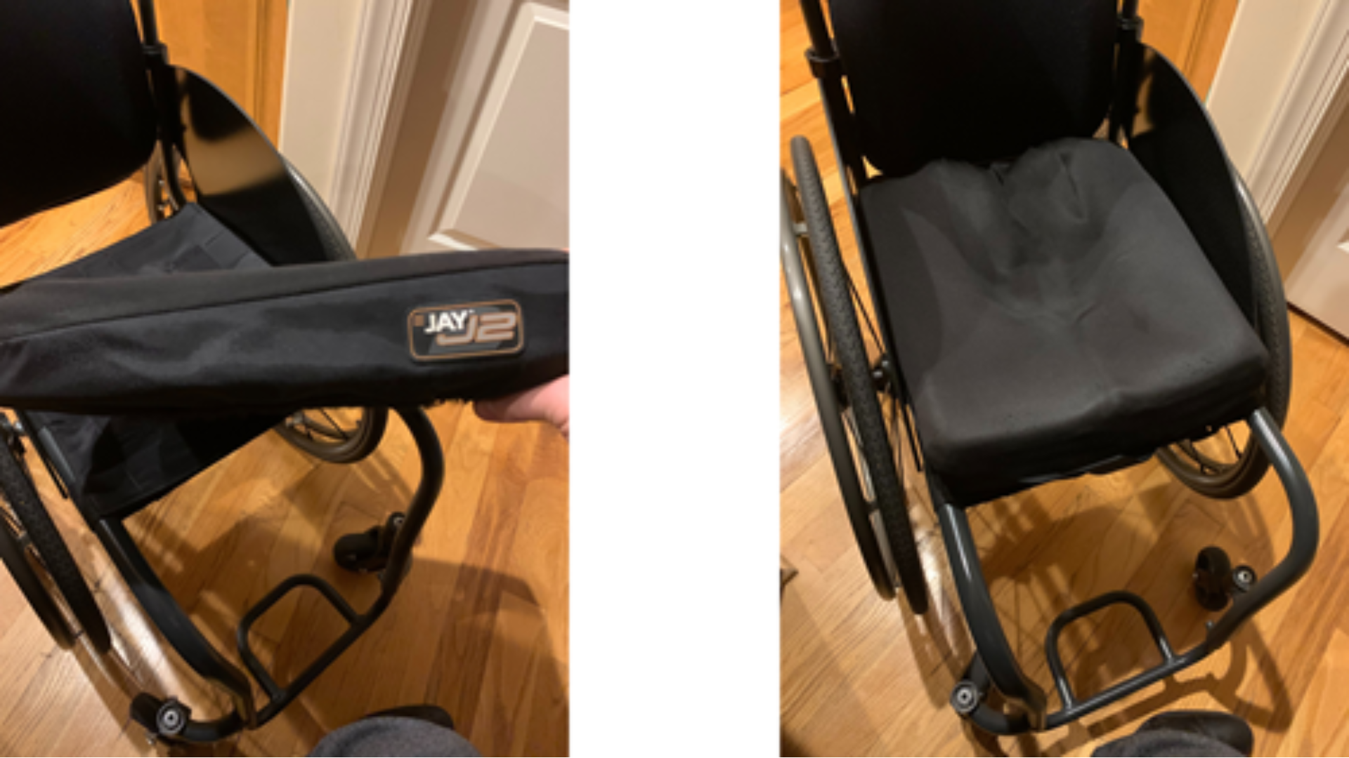 Two photos of a black wheelchair: the left image shows a hand lifting a black JAY J2 seat cushion designed for preventing pressure sores, and the right image shows the cushion on the wheelchair seat. The wheelchair is on a wooden floor.