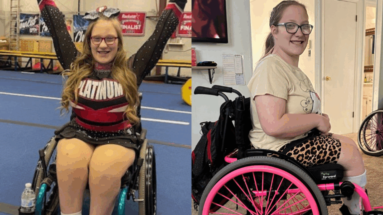 Side-by-side images of a young woman with long blonde hair in a wheelchair. On the left, she wears a cheerleading uniform and smiles with arms raised. On the right, she is casually dressed and smiling indoors, capturing Ellas Story.