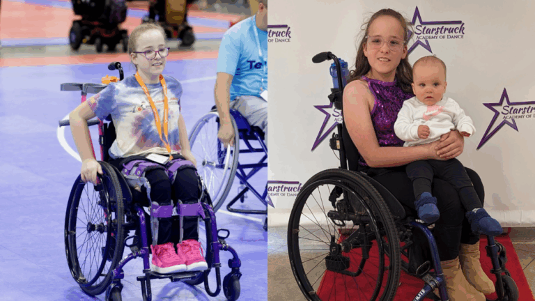 A girl featured in Chloes Story appears in two photos: on the left, she wears a tie-dye shirt and pink shoes at a sports event; on the right, she dons a purple dance outfit, holding a baby at a dance competition backdrop.