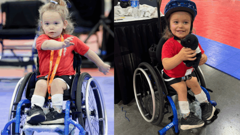 Two young girls in wheelchairs participate in a sports event; on the left, a girl throws a ball, and on the right, a smiling girl wearing a helmet and holding a stuffed animal highlights Quintens Story on an indoor court.