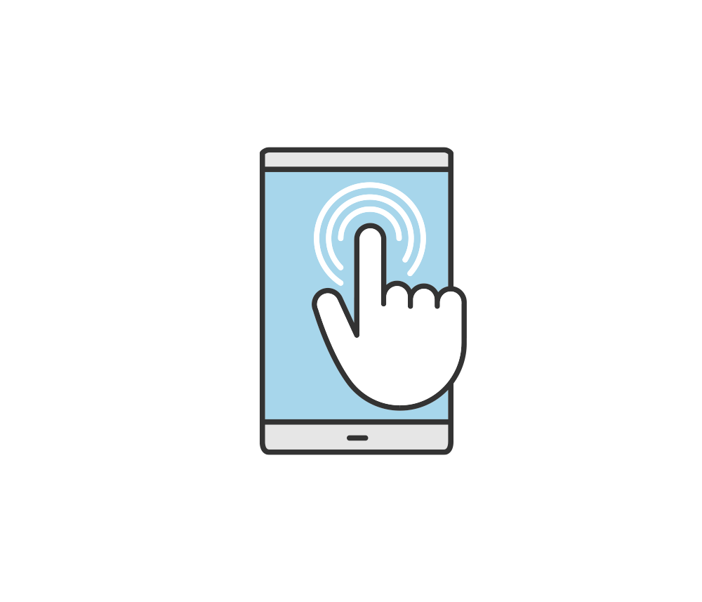 A graphic of a smartphone with a blue screen displays an accessibility icon—a white hand tapping the screen, with concentric circles illustrating a touch gesture.