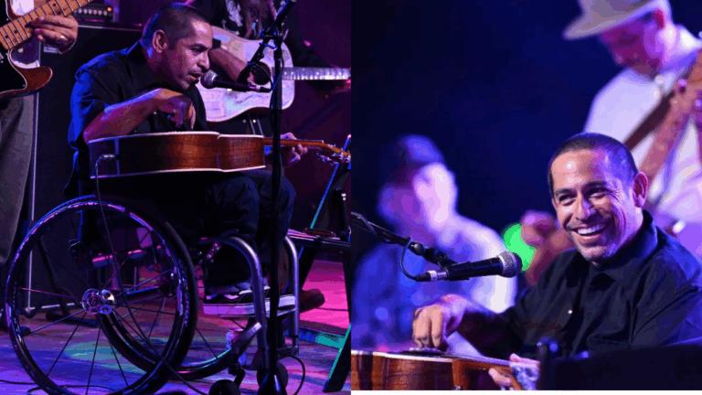 Two side-by-side images show Genes Story: a musician using a wheelchair playing guitar on stage with other musicians. In the left image, he is focused on his guitar; in the right, he smiles while performing.