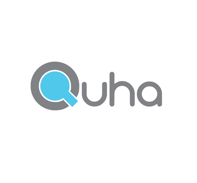 Logo with the word Quha in gray letters; the Q features a blue magnifying glass icon inside its circular shape. The background is white, representing Quha Accessories.