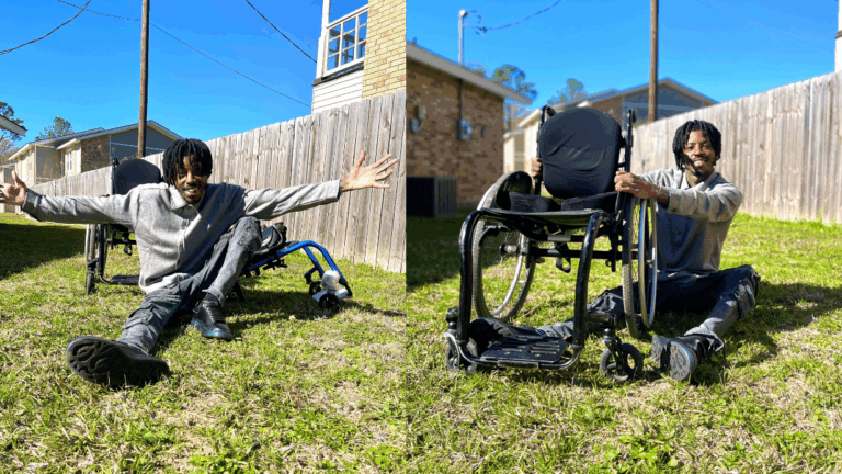 A man with dreadlocks sits on grass in a sunny backyard, smiling with arms stretched wide. Beside him is an overturned wheelchair. In the next frame, he smiles, holding the wheelchair upright—this is Jonathans Story.