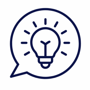 A speech bubble containing a simple line drawing of a glowing light bulb, symbolizing an idea or inspiration for repair or in-shop service.