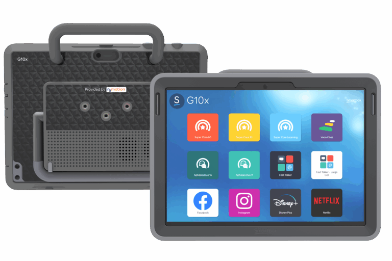 The Smartbox G10x rugged tablet is shown from the back and front. Its screen displays colorful app icons for video chat, games, social media, and streaming. The device features a textured back and a sturdy handle for easy carrying.