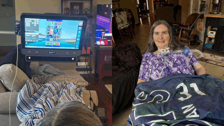 A woman with long brown hair lies on a couch under a blanket, using a speech-generating device. In another view from Jessicas Story, she sits up, smiling in a purple shirt and using a ventilator.