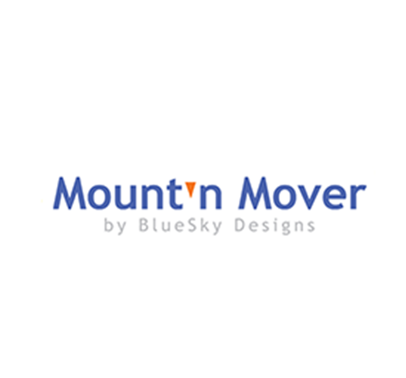 Logo for Mountn Mover by BlueSky Designs, featuring blue text and an orange triangle that replaces the apostrophe in Mountn. Innovative design supports accessibility and independence.