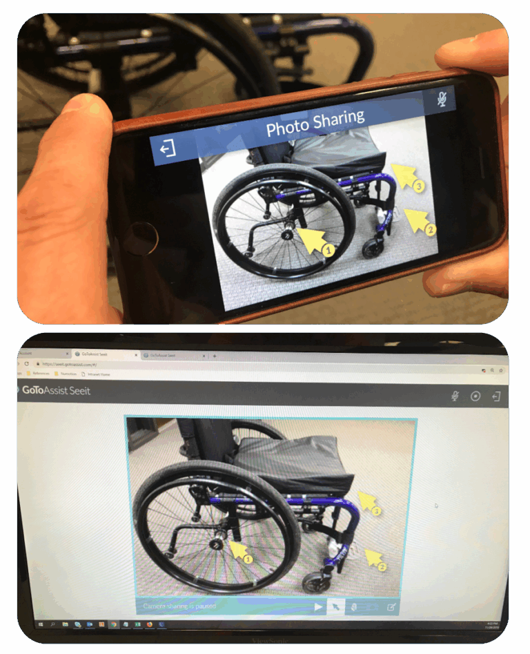 A person holds a phone displaying a photo with yellow numbered markers; below, a computer screen shows the same image and markers highlighted in a blue box, illustrating Remote Service capabilities.