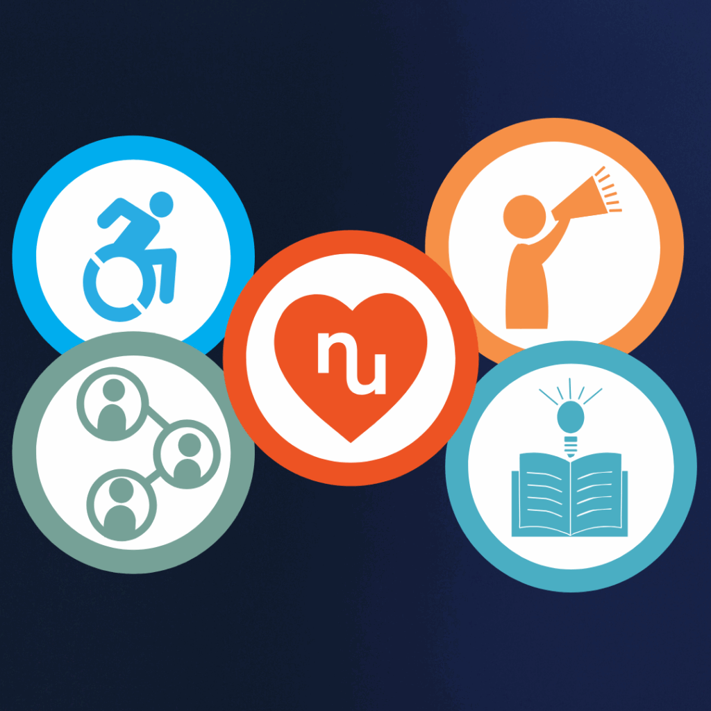 Five colorful icons: a person using a mobility aid, a person speaking through a megaphone, a heart with nu inside, connected people, and an open book with a light bulb above it—all illustrating Social Responsibility on a dark blue background.