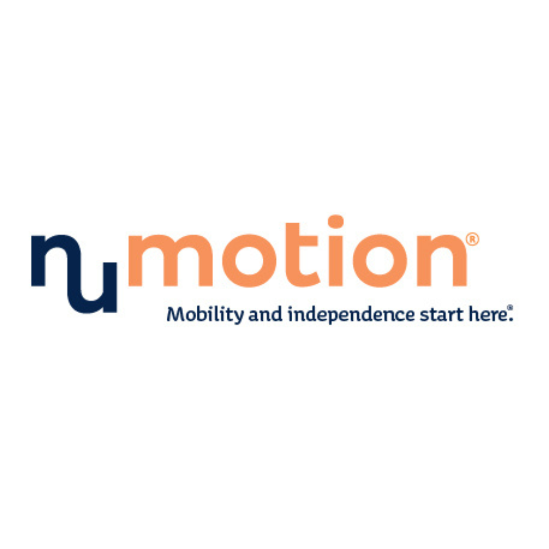 NuMotion logo with nu in navy blue and motion in orange, followed by the tagline Mobility and independence start here. in navy blue text below, highlighting accessible solutions.