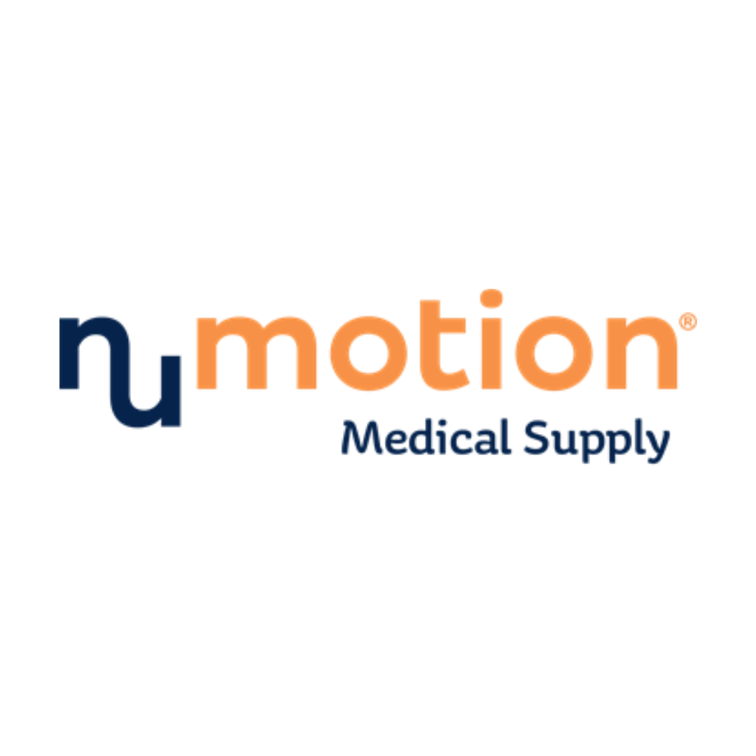 Logo featuring the word numotion, with nu in dark blue and motion in orange, and Medical Supply in smaller dark blue text beneath motion, all on a white background—designed for mobility solutions.