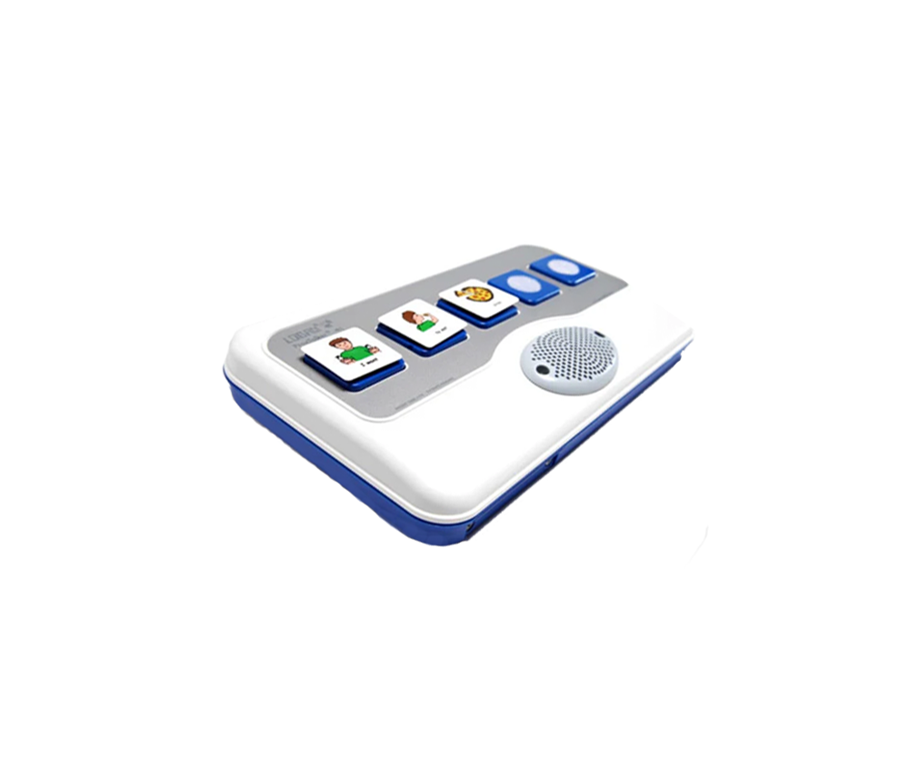 A white and blue communication device with four square buttons featuring icons of people and objects, plus a round speaker on its surface, designed for easy conversation access. Set against a plain white background.