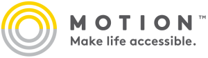 Logo for Motion. To the left, four concentric circles transition from yellow to gray. To the right, MOTION is written in gray, and below it, the tagline reads, Make life accessible.