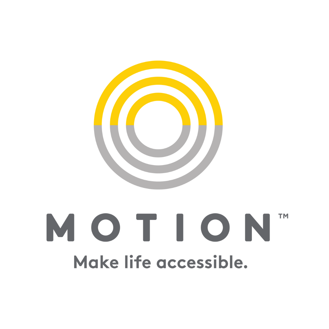 Logo with three concentric circles, half yellow and half gray, above the word “MOTION” in gray, followed by the tagline “Make life accessible.” on a white background.
