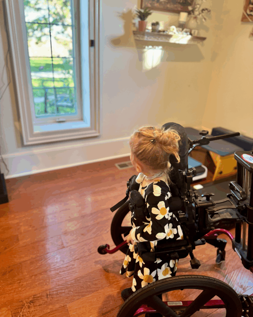 A young girl in a wheelchair wearing a black dress with yellow and white flowers looks out a window in a bright room with wood floors and plants on a wall shelf, capturing a quiet moment from Abigail's Story.