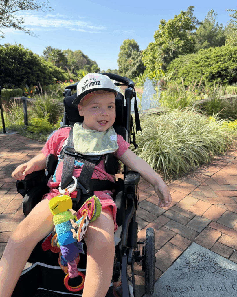 A young child in a stroller smiles outdoors, wearing a hat and bib, with colorful toys attached to the stroller. Lush greenery, a fountain, and blue sky are visible in the background.