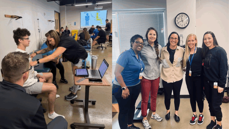 A composite image: Left—A woman checks a seated man’s arm in a classroom with other people working in the background. Right—Four smiling women stand side by side, posing in an indoor setting with a clock on the wall.