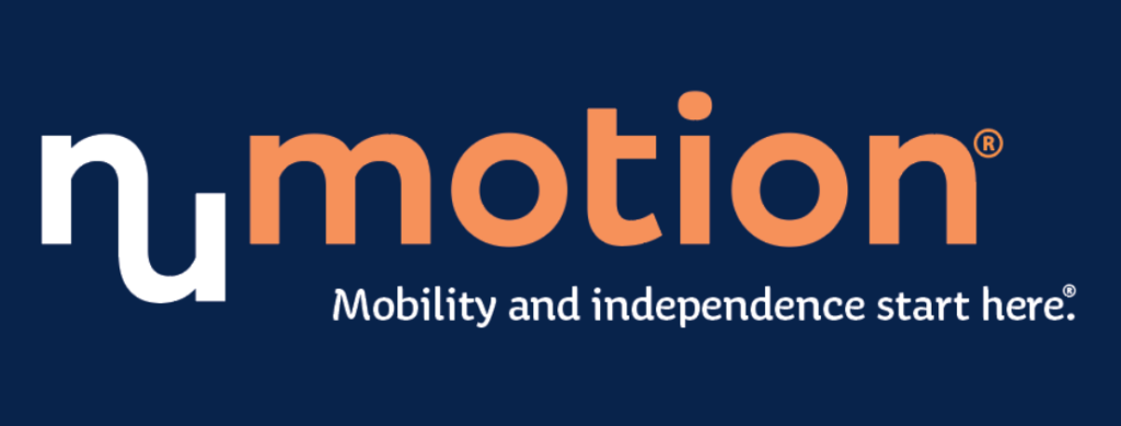 NuMotion logo with nu in white and motion in orange on a dark blue background. Below, white text reads: Mobility and independence start here.