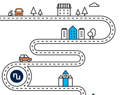 Illustration of a winding road passing by cars, a bus, trees, clouds, buildings, and houses, with a circular sign featuring a stylized “n” logo—highlighting access to Repair and In-Shop Service along the route.
