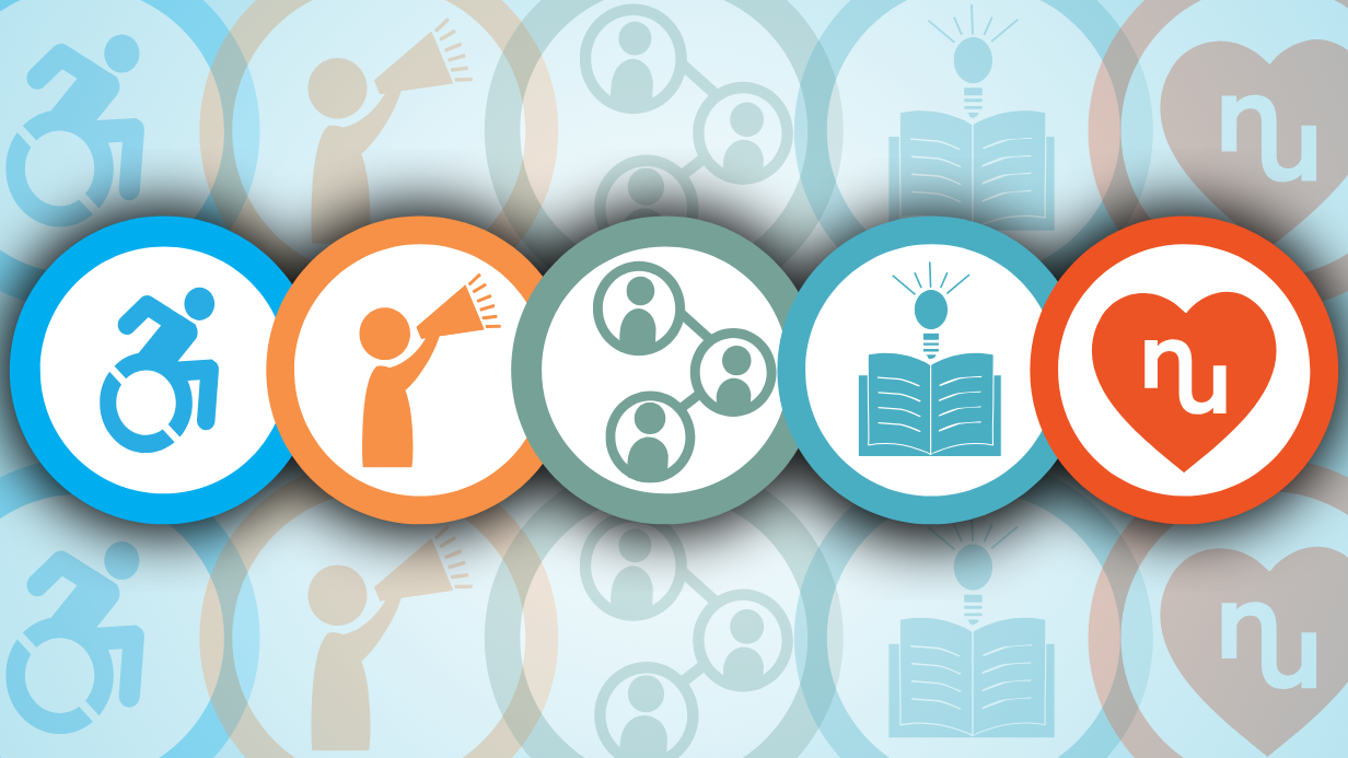 Five circular icons on a blue background illustrate the 2025 Impact Summary: a wheelchair symbol, person raising a hand, network of three people, open book with lightbulb, and heart with nu inside. Faded duplicates appear in the background.