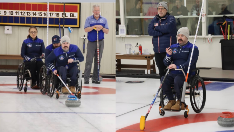 Two photos: On the left, a wheelchair curling team in blue uniforms competes on the ice. On the right, Sean's Story unfolds as a male athlete in a wheelchair prepares to play, with teammates and spectators watching in the background.