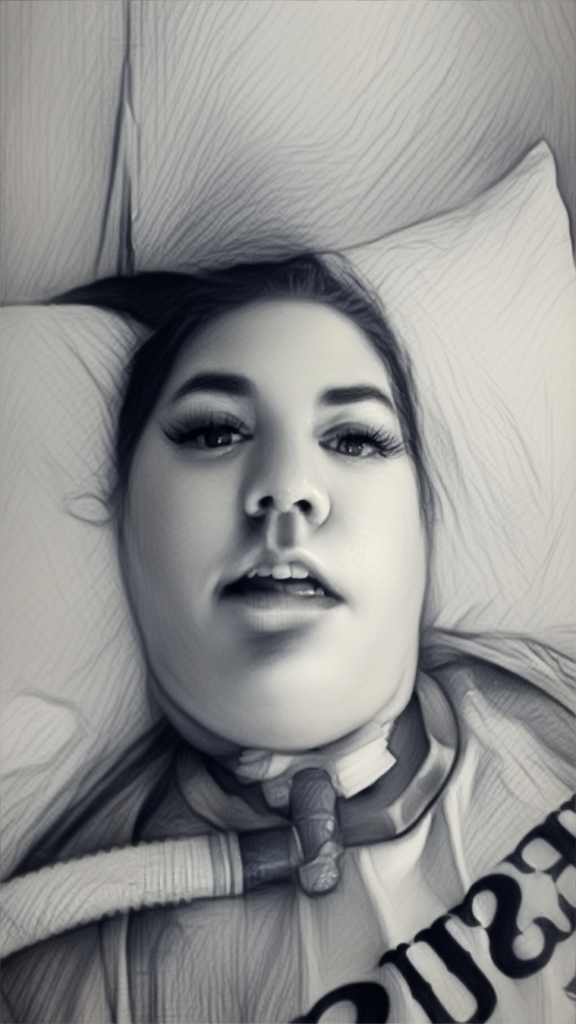 A young woman lies on a pillow, looking up at the camera. With long eyelashes and a medical breathing tube in her neck, Amber's Story unfolds as she receives vital respiratory support.