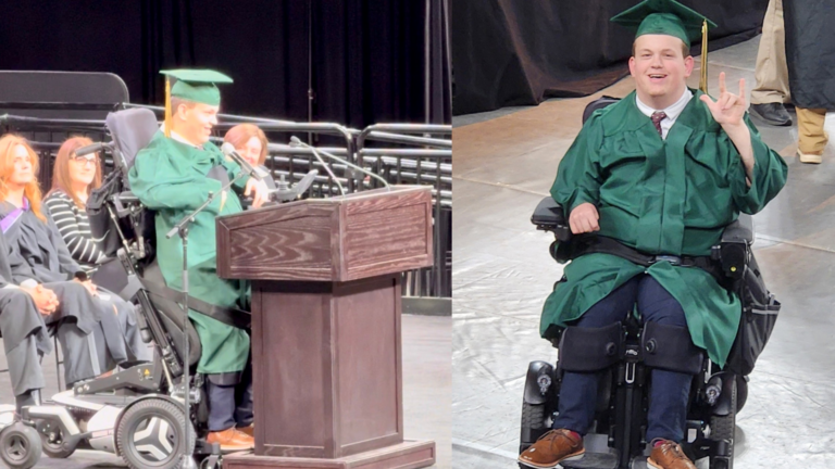 Graduate Ryder, wearing a green cap and gown, shares his story from a wheelchair while speaking at a podium on stage. In another photo, he smiles and signs "I love you," as women in academic regalia sit behind him.